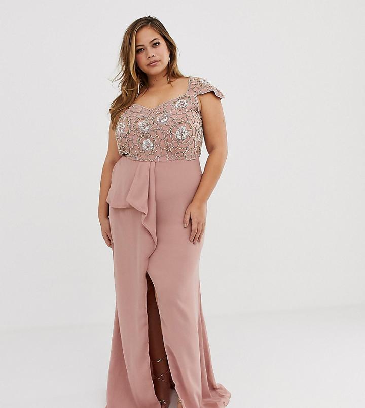 Virgos Lounge Plus Embellished Bardot Maxi Dress With Ruffle Detail In Pink