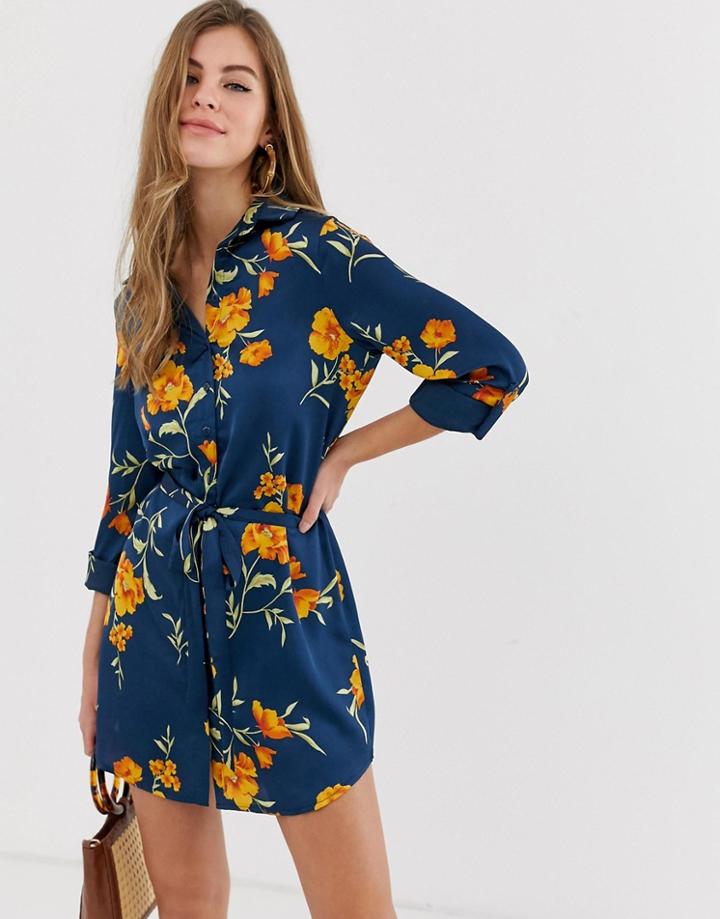 Parisian Shirt Dress With Tie Waist In Navy Floral - Navy