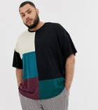 Asos Design Plus Organic Oversized T-shirt With Grid Color Block In Black - Black