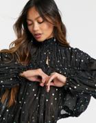 Forever U Puff Sleeve High Neck Top With Gold Spots In Black