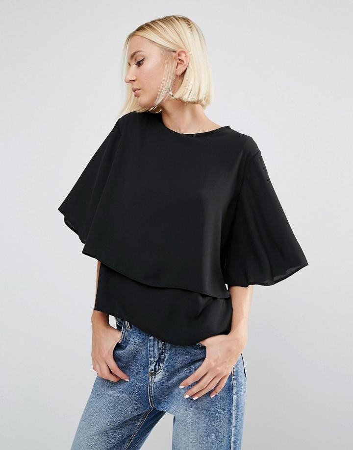 Daisy Street Fluted Sleeve Top - Black