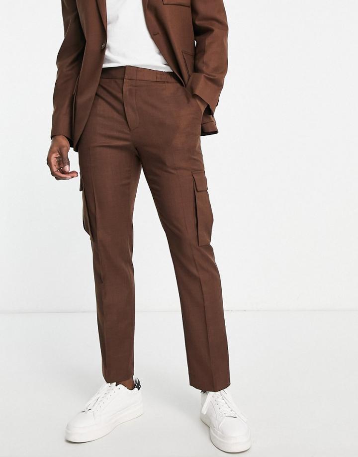 Topman Slim Utility Suit Pants In Dark Brown