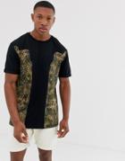 Asos Design Relaxed T-shirt With Leopard Print Panels And Roll Sleeve - Black
