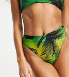 Collusion Recycled Leaf Print High Rise High Leg Bikini Bottom In Green