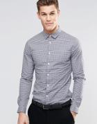 Asos Skinny Shirt In Navy Double Gingham Check With Long Sleeves - Navy