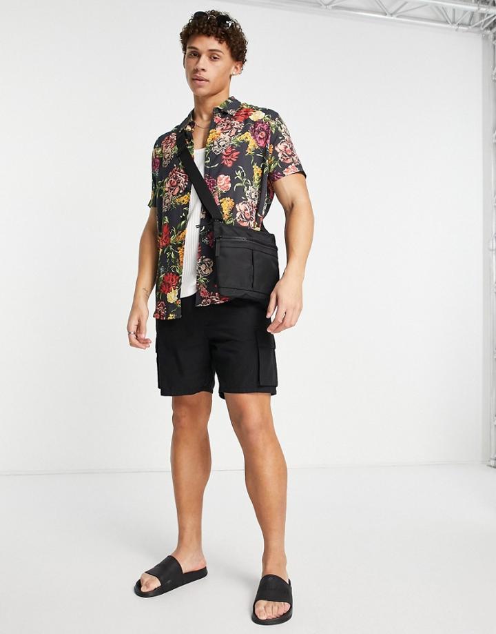 Guess Shirt With Red Floral Print In Black