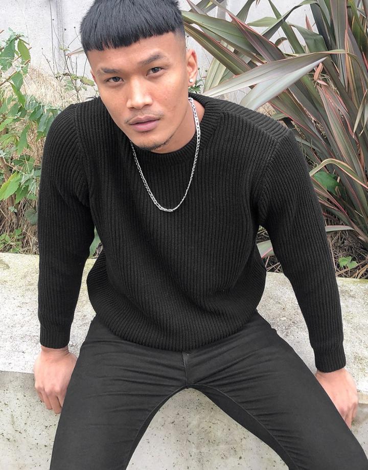 Pull & Bear Ribbed Sweater With Crew Neck In Black