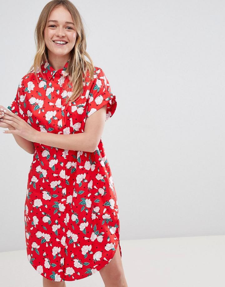Monki Floral Polka Dot Shirt Dress - Red