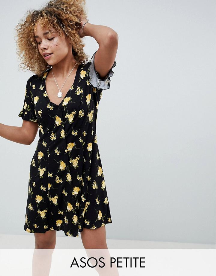 Asos Design Petite Button Through Tea Dress With Frill Sleeve In Marigold Print - Multi