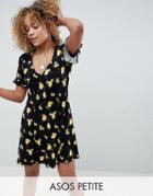 Asos Design Petite Button Through Tea Dress With Frill Sleeve In Marigold Print - Multi