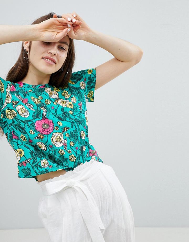 Monki Cropped Floral Printed T-shirt - Green