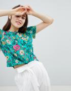 Monki Cropped Floral Printed T-shirt - Green