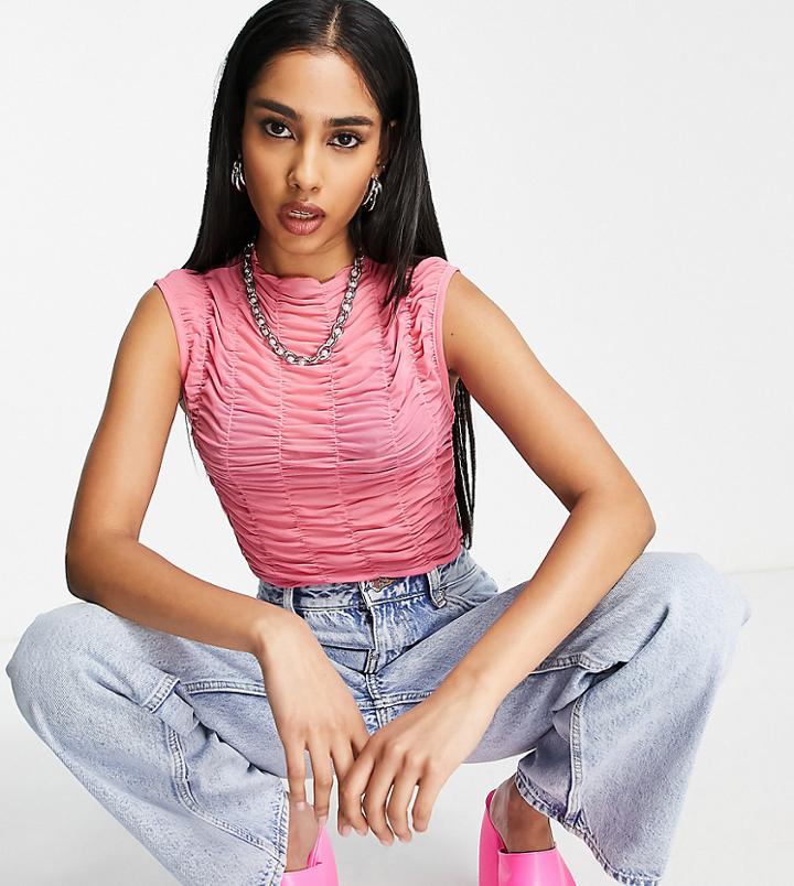 Topshop Petite Ruched Mesh Tank Top In Pink