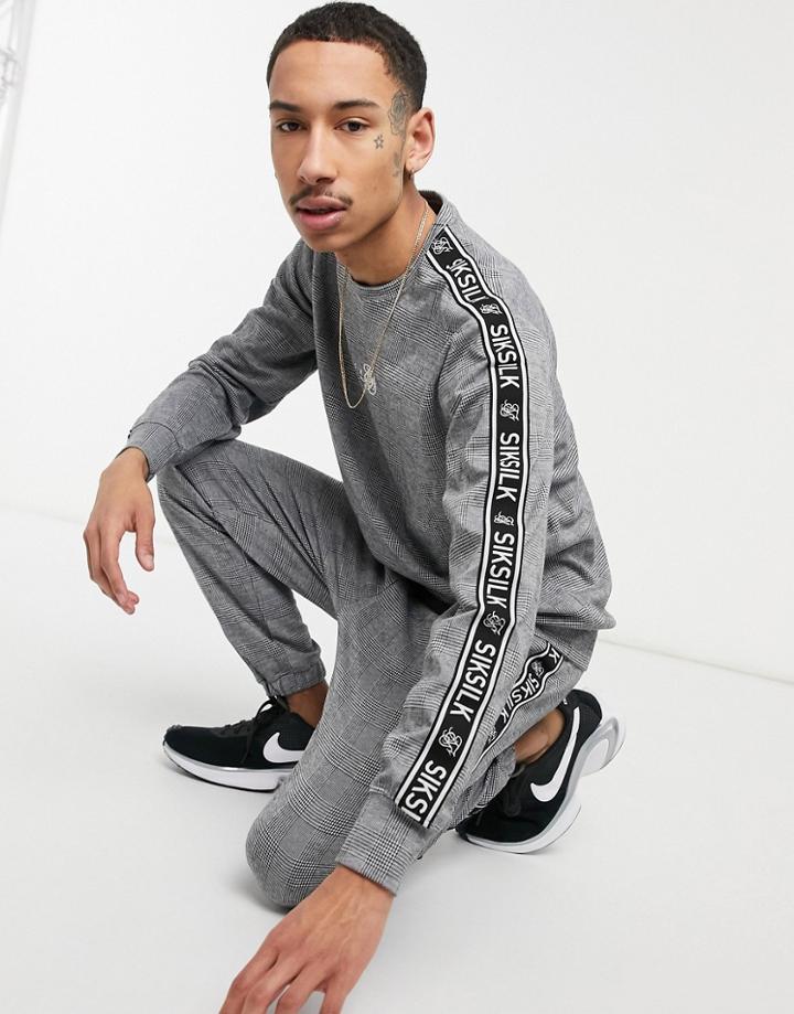Siksilk Dog Tooth Sweat In Gray Check With Tape Arm Detail-grey