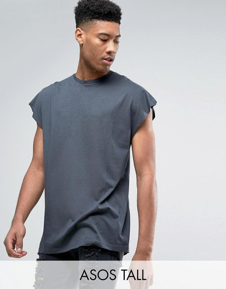 Asos Tall Oversized Longline Sleeveless T-shirt In Gray With Raw Edge - White