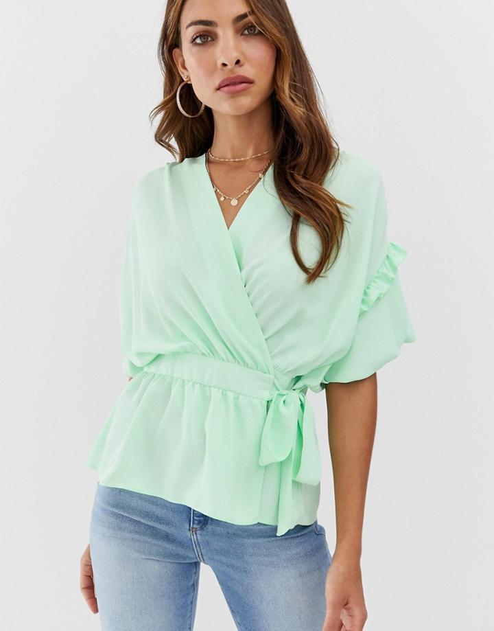 Asos Design Wrap Top With Ruffle Detail-green