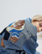 Pull & Bear Oversized Beauty & The Beast Denim Jacket - Blue