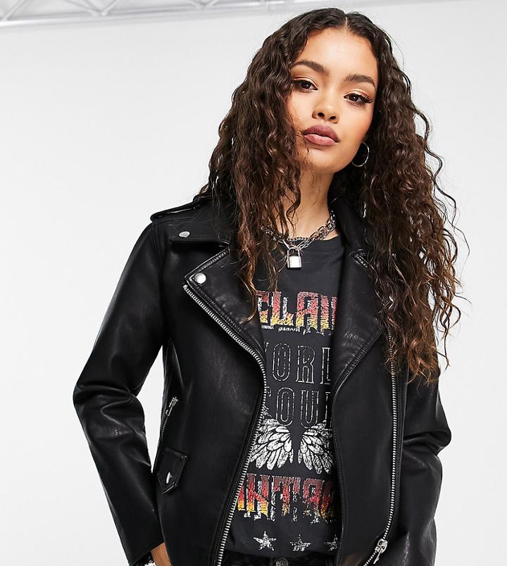 Topshop Petite Faux Leather Classic Moto Jacket In Black