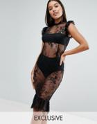 Naanaa High Neck Lace Midi Dress With Pephem - Black