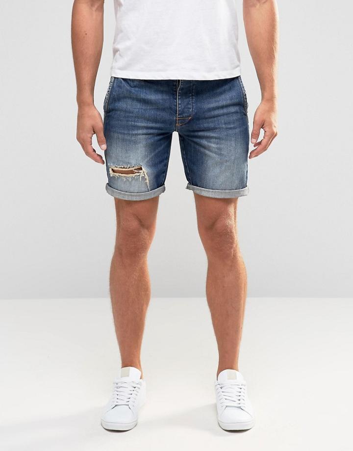 Asos Slim Denim Shorts With Rips In Blue - Blue