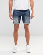 Asos Slim Denim Shorts With Rips In Blue - Blue