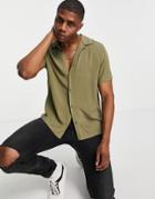 Topman Deep V Viscose Shirt In Khaki-green