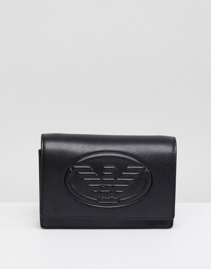 Emporio Armani Logo Embossed Leather Fold Over Purse - Black
