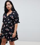 Fashion Union Plus Wrap Dress With Frill Sleeves In Vintage Floral - Black