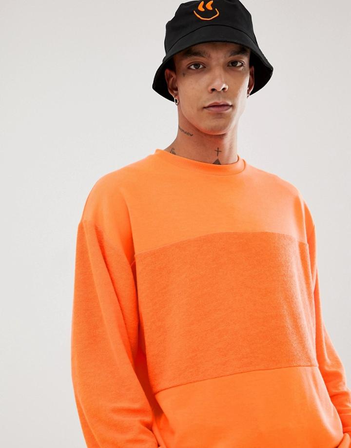 Asos Design Oversized Sweatshirt With Reverse Panel In Neon Orange - Orange