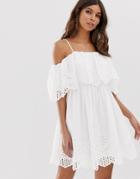 Asos Design Premium Double Layer Off Shoulder Mini Dress In Broderie-white