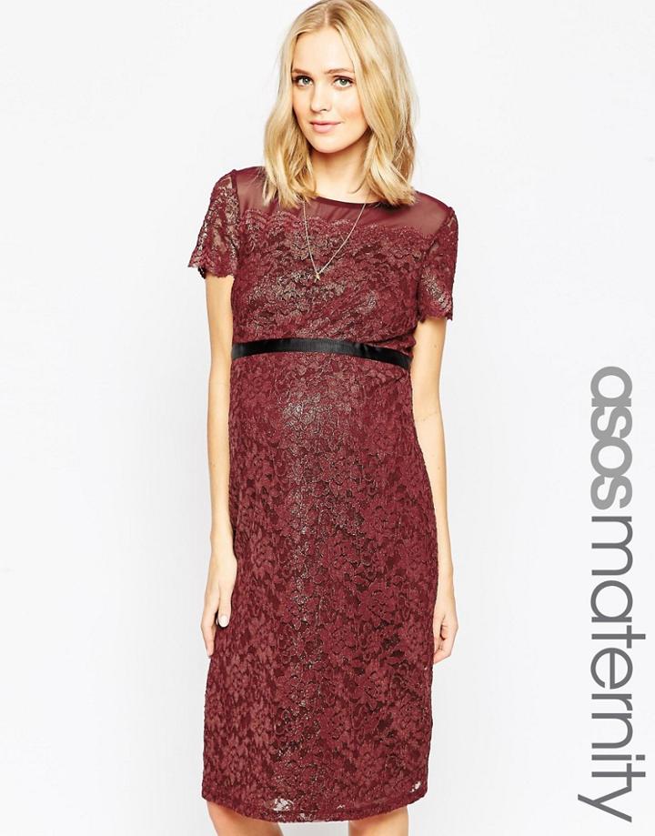 Asos Maternity Body-conscious Dress In Lace With Chiffon - Red