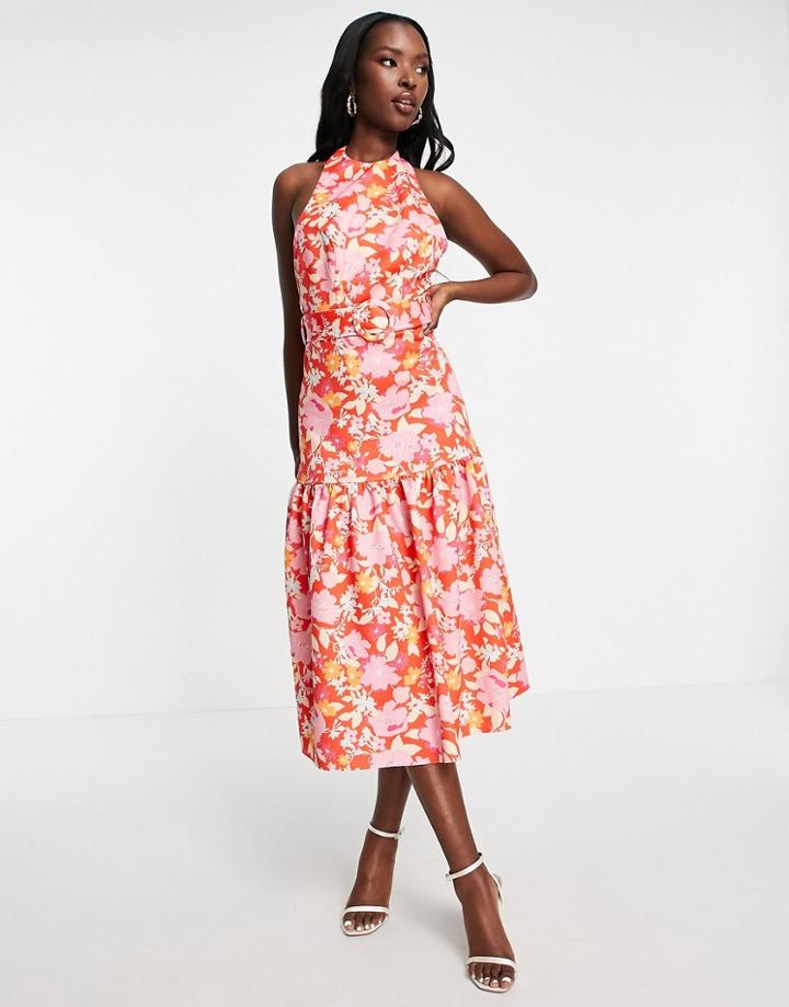 Asos Design Halter Belted Midi Prom Dress In Red Floral Print-multi