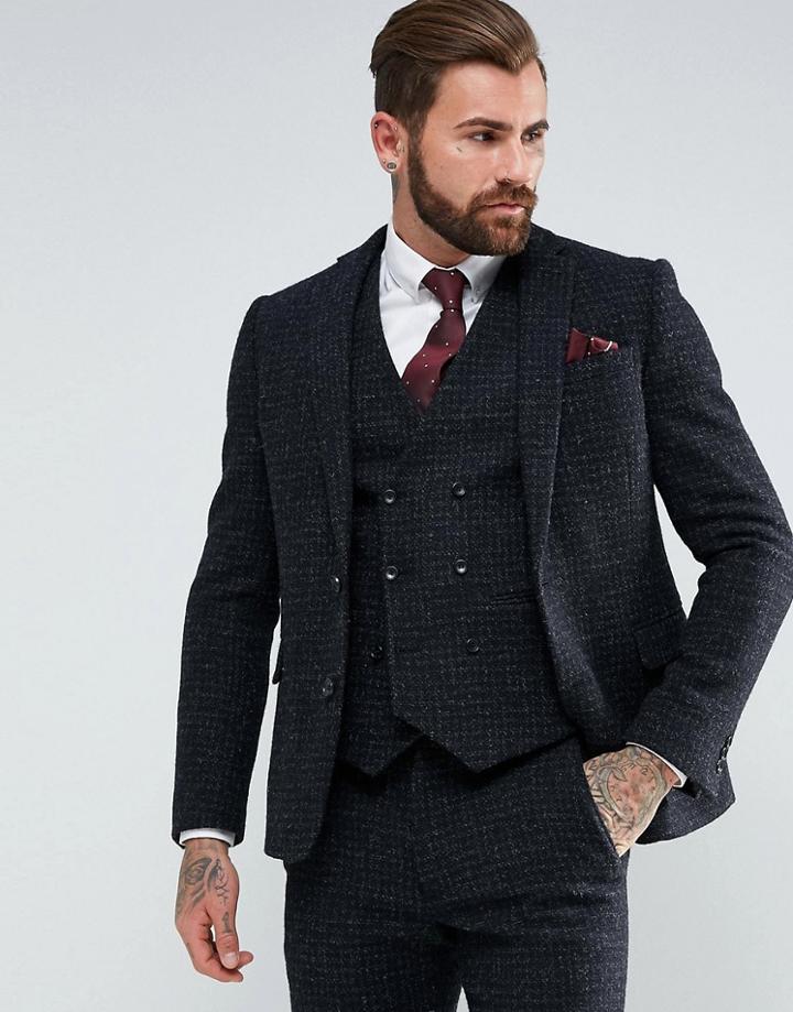 Asos Slim Suit Jacket In 100% Wool Harris Tweed Herringbone In Charcoal - Gray