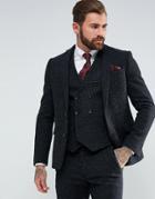 Asos Slim Suit Jacket In 100% Wool Harris Tweed Herringbone In Charcoal - Gray