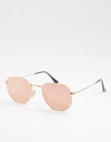 Ray-ban Hexagonal Sunglasses In Gold With Pink Lens