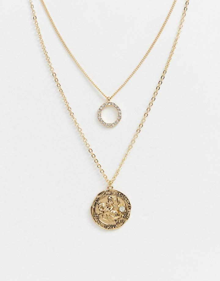 Monki Multi Row Chain Necklace With Hoop And Medallion In Gold - Gold