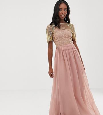 Virgos Lounge Tall Sheer Embellished Flutter Sleeve Maxi Dress In Pink - Pink