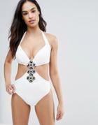 Forever Unique Cut Out Swimsuit With Embellishment - Cream