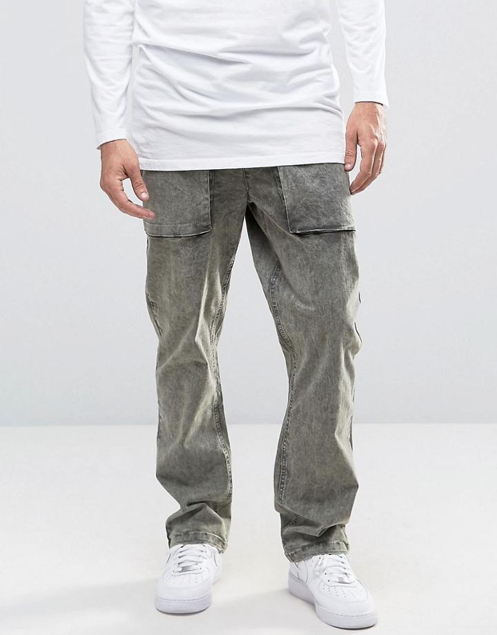 Asos Straight Leg Acid Wash Pants In Light Khaki - Green