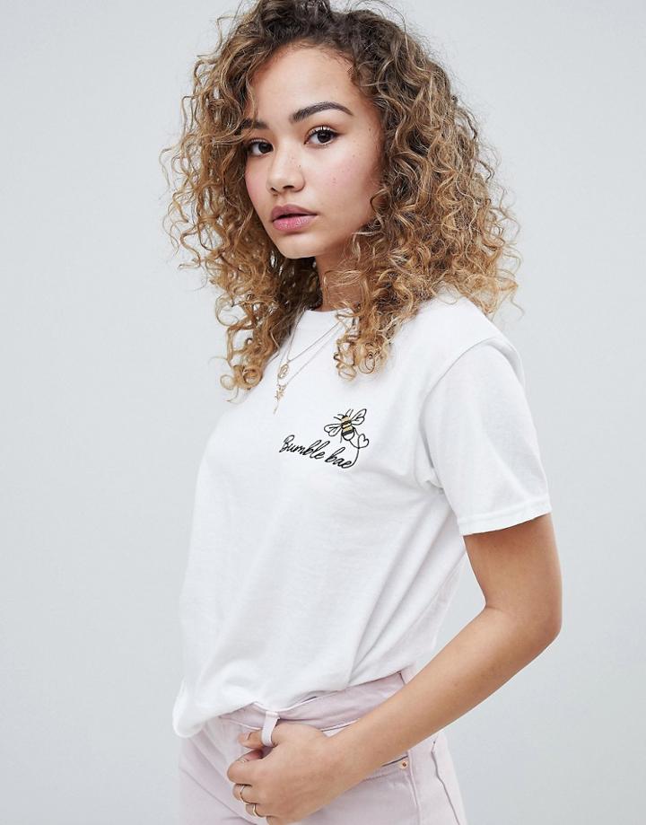 Miss Selfridge T-shirt With Bumble Bee Embroidery In White - White