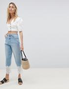 Asos Design Boyfriend Jeans In Mid Wash With Lace Hem-blue