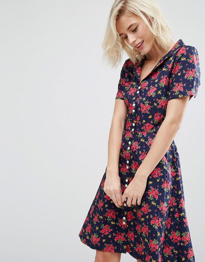 Trollied Dolly Floral Print Tea Dress - Navy