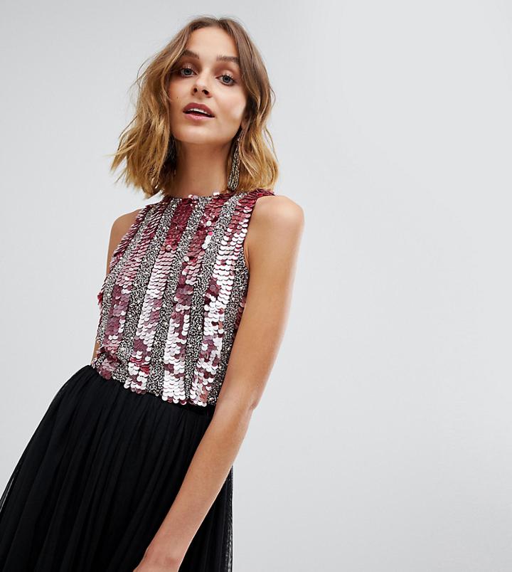 Lace & Beads Embellished Crop Top In Multi Berry Sequin - Red