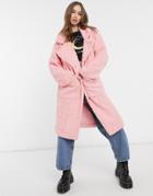 Daisy Street Oversized Longline Coat In Teddy Fleece-pink