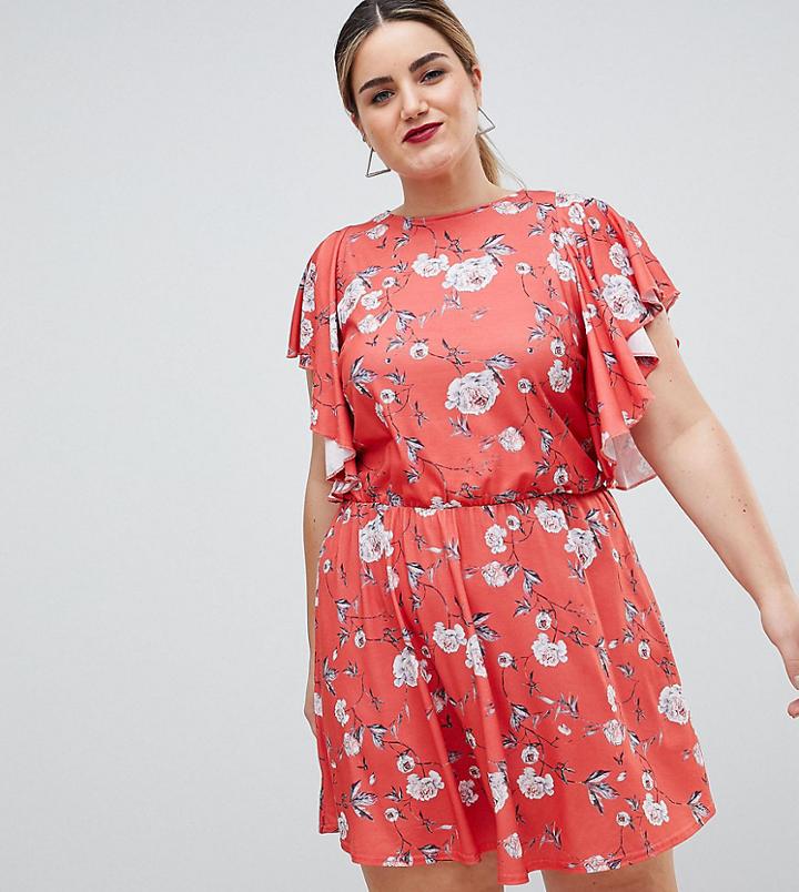 Club L Plus Printed Frill Sleeve Dress - Red