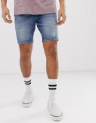 River Island Denim Shorts With Rips In Mid Blue Wash