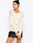 Story Of Lola Oversized Sweater With Tassels & Shearling - Cream