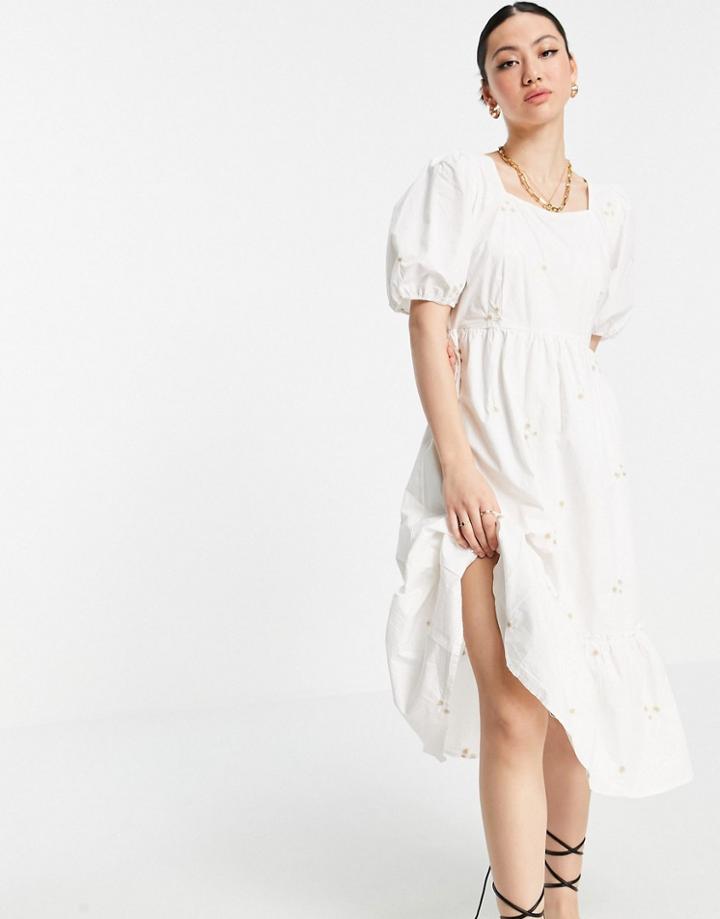 Vero Moda Organic Cotton Midi Cotton Embroidered Smock Dress In White