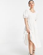 Vero Moda Organic Cotton Midi Cotton Embroidered Smock Dress In White