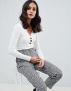 Miss Selfridge Long Sleeve V-neck Top With Button Down In Cream - Cream